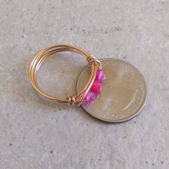 Sz 8.5 ~ Sexy & Slim Pink Agate Beaded Handmade Ring! Sturdy Every Day Wear! - Picture 5 of 9